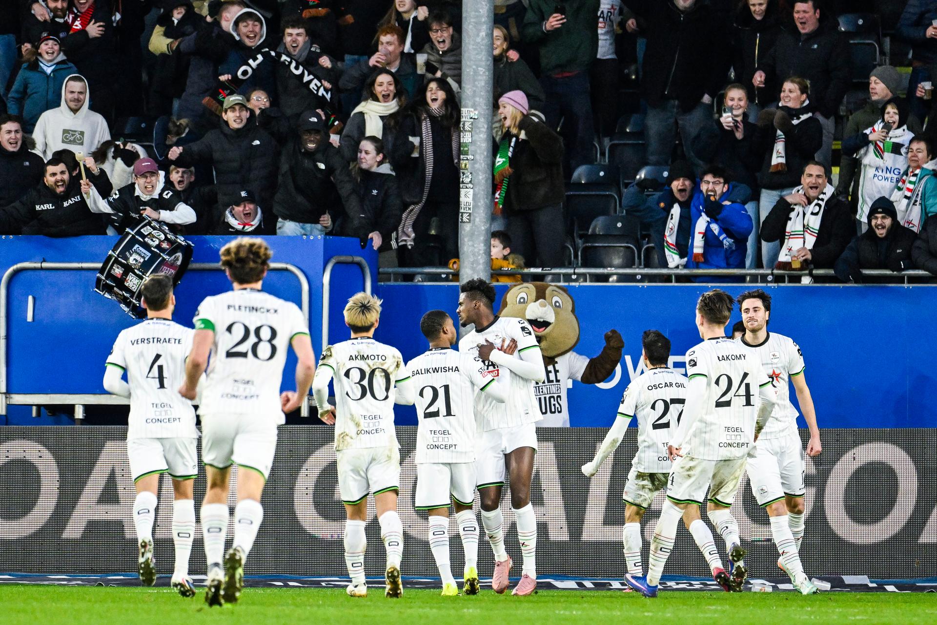 OHL's Sory Kaba celebrates after scoring during a soccer match between Oud-Heverlee Leuven and FCV Dender EH, Saturday 14 February 2026 in Leuven, on day 25 of the 2025-2026 'Jupiler Pro League' first division of the Belgian championship. BELGA PHOTO TOM GOYVAERTS