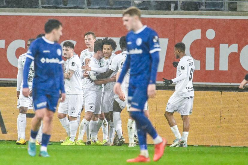 Cercle's Dante Vanzeir celebrates after scoring during a soccer match between KAA Gent and Cercle Brugge, Friday 20 February 2026 in Gent, on day 26 of the 2025-2026 'Jupiler Pro League' first division of the Belgian championship. BELGA PHOTO TOM GOYVAERTS