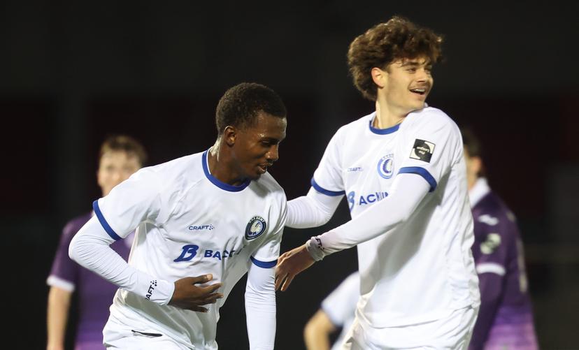 Jong Gent's Aliou Diallo Mamadou celebrates after scoring during a soccer game between RSCA Futures and Jong KAA Gent, Saturday 17 January 2026 in Deinze, on day 20 of the 2025-2026 'Challenger Pro League' 1B second division of the Belgian championship. BELGA PHOTO VIRGINIE LEFOUR