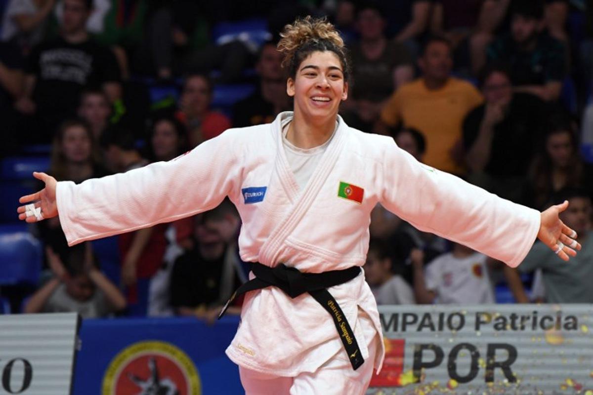 Portugal's Patricia Sampaio celebrates after winning in the women's -78kg final bout against Germany's Anna-Monta Olek at the Judo European Championships in Podgorica, Montenegro, on April 26, 2025.  SAVO PRELEVIC / AFP