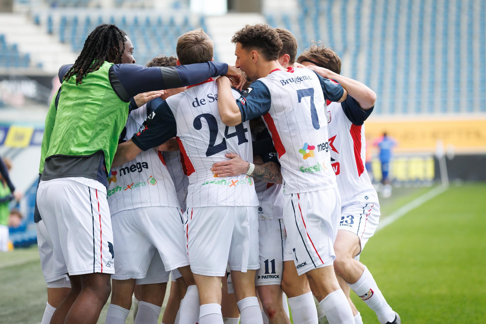 Liege's Alexis Lefebvre celebrates after scoring during a soccer match between Jong KAA Gent and RFC Liege, Sunday 12 April 2026 in Gent, on day 33 of the 2025-2026 'Challenger Pro League' first division of the Belgian championship. BELGA PHOTO KURT DESPLENTER
