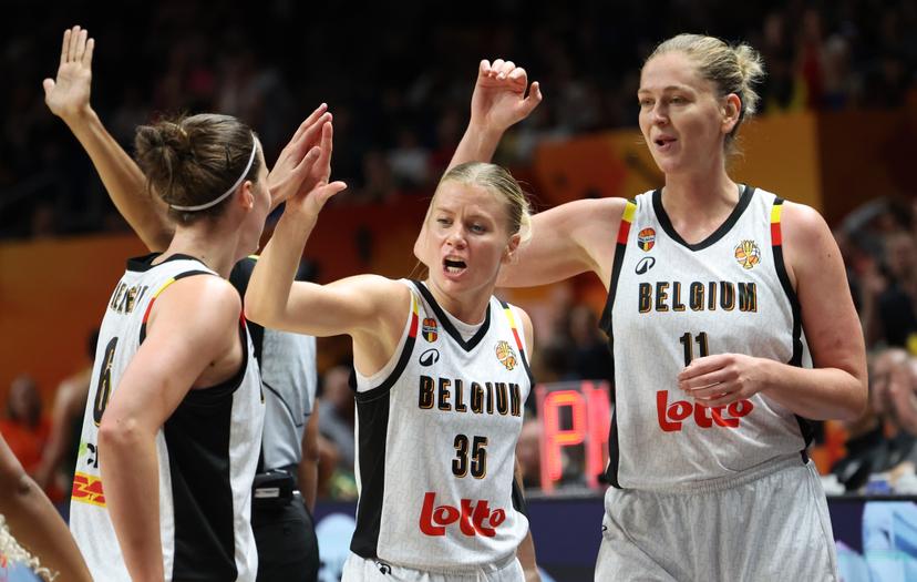 Belgium's Antonia Delaere; Belgium's Julie Vanloo and Belgium's Emma Meesseman celebrate after winning a basketball game between Belgian national team Belgian Cats and Australia,  game 3 of the group phase at the FIBA Women's Basketball World Cup, on Monday 7 September 2026, in Berlin, Germany. The FIBA Women's Basketball World Cup takes place in Berlin from 4 to 23 September 2026. BELGA PHOTO VIRGINIE LEFOUR