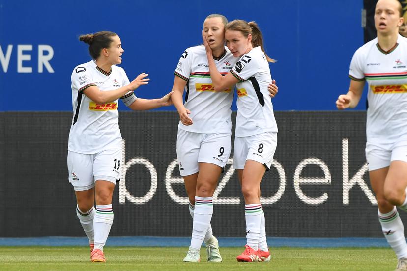 OHL Women's Hannah Eurlings celebrates after scoring during a soccer match between Oud-Heverlee Leuven and RSCA Women, Saturday 17 May 2025 in Heverlee, on day 6 (out of 6) of the Play-offs of the 2024-2025 'Super League Women' first division of the Belgian championship. BELGA PHOTO JILL DELSAUX