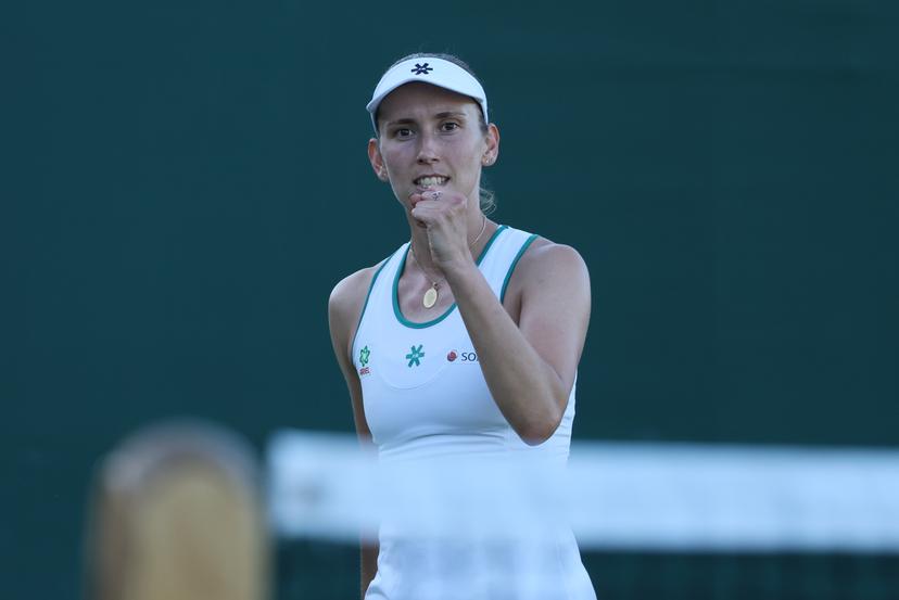 Belgian Elise Mertens reacts during a tennis match against Uzbek Timofeeva, in the second round of the ladies' singles at the Wimbledon grand slam tennis tournament in London, Britain, Thursday 02 July 2026.  BELGA PHOTO BENOIT DOPPAGNE
