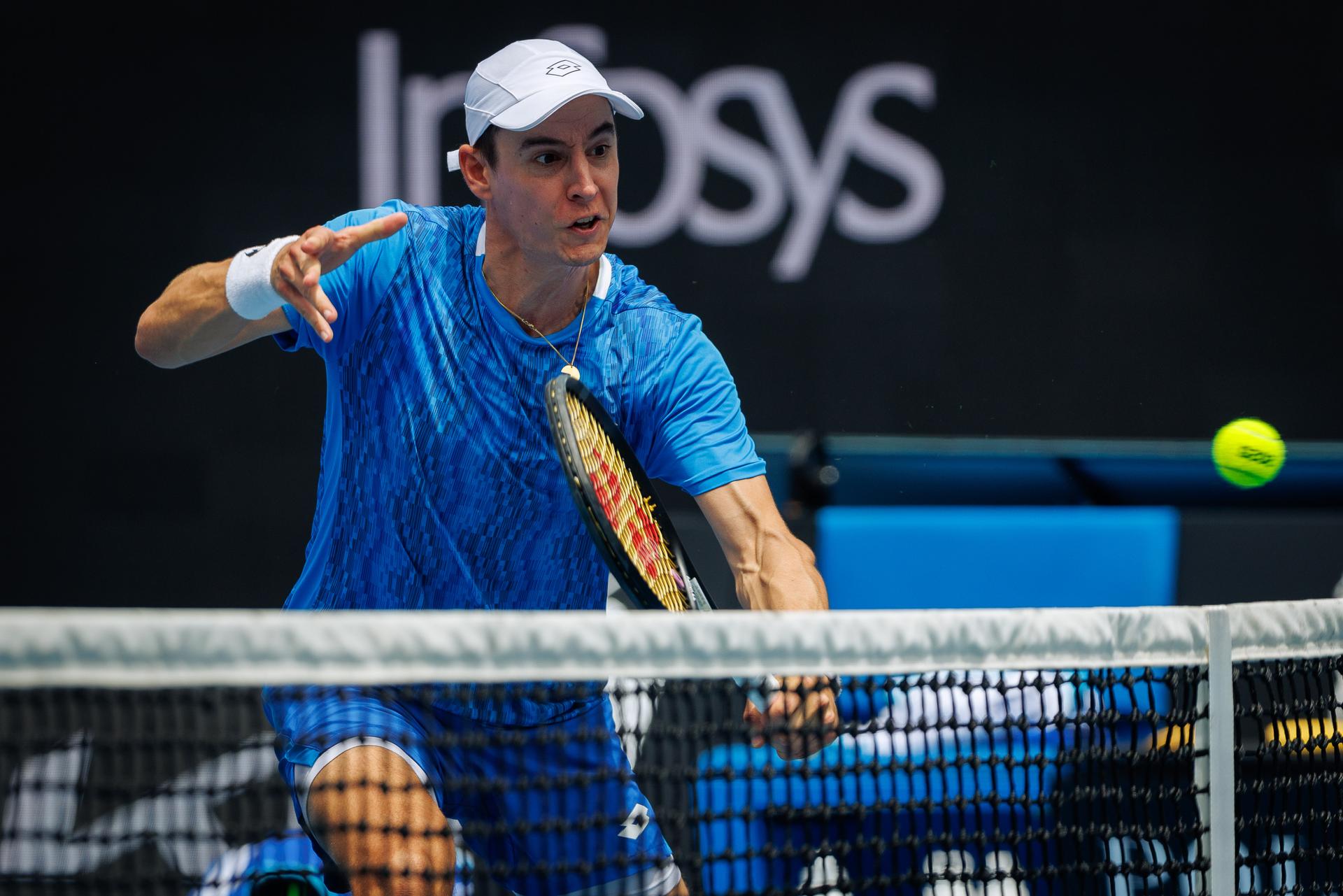 Belgian Joran Vliegen pictured during a doubles tennis match between Belgian-Australian pair Vliegen-Ebden and American pair Krajicek-Ram, in the first round of the men's doubles at the 'Australian Open' Grand Slam tennis tournament, Friday 17 January 2025 in Melbourne Park, Melbourne, Australia. The 2025 edition of the Australian Grand Slam takes place from January 12th to January 26th. BELGA PHOTO PATRICK HAMILTON BELGIUM ONLY