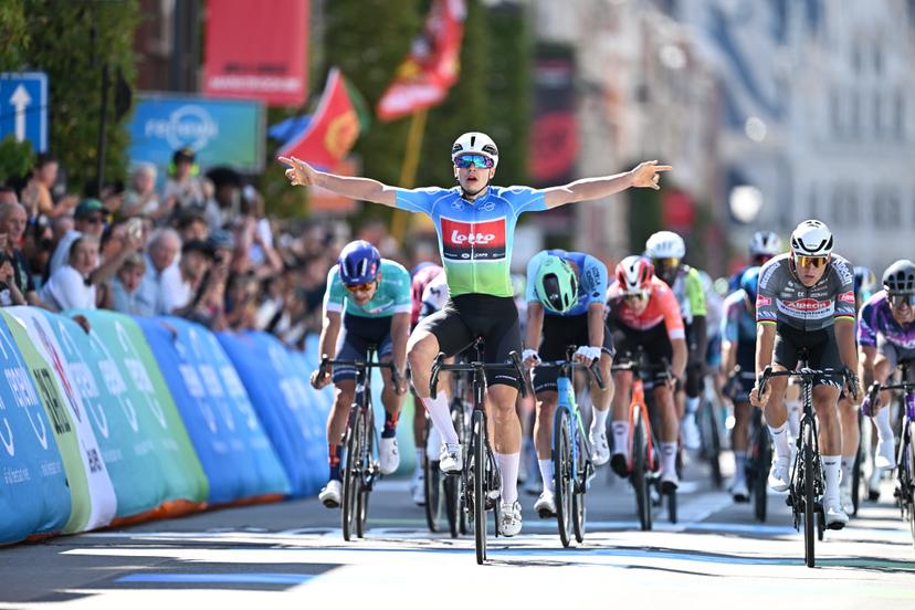 Belgian Arnaud De Lie of Lotto Cycling Team (C) celebrates as he wins before Dutch Mathieu van der Poel of Alpecin-Deceuninck (R) the sprint at the finish of the fifth and last stage of the 'Renewi Tour' multi-stage cycling race, 185km from and to Leuven on Sunday 24 August 2025. The five-day race takes place in Belgium and the Netherlands.  BELGA PHOTO DAVID PINTENS
