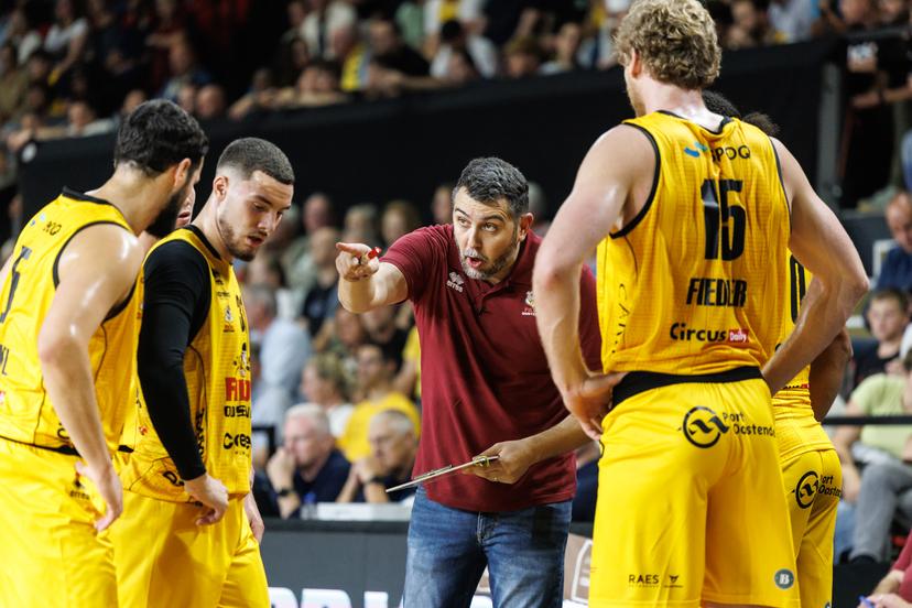 Oostende's head coach Georgios Dedas pictured during a basketball match between Belgian BC Oostende and Dutch Heroes Den Bosch, Saturday 20 September 2025 in Oostende, the supercup of the 'BNXT League' Belgian/Dutch first division basket championship between the champion of Belgium and the Netherlands. BELGA PHOTO KURT DESPLENTER