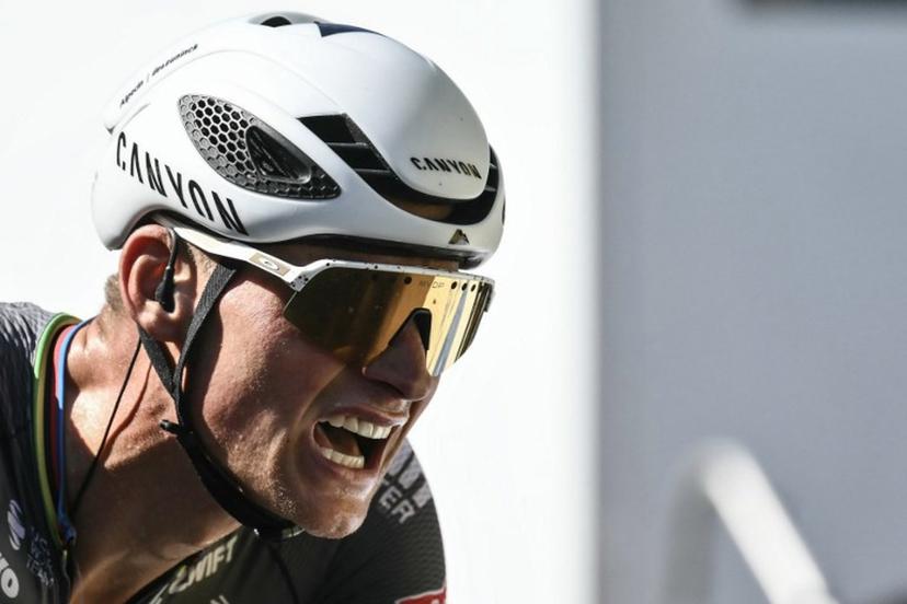 Alpecin - Deceuninck team's Dutch rider Mathieu van der Poel cycles to the finish line of the 6th stage of the 112th edition of the Tour de France cycling race, 201.5 km between Bayeux and Vire Normandie, Northwestern France, on July 10, 2025.  Marco BERTORELLO / AFP
