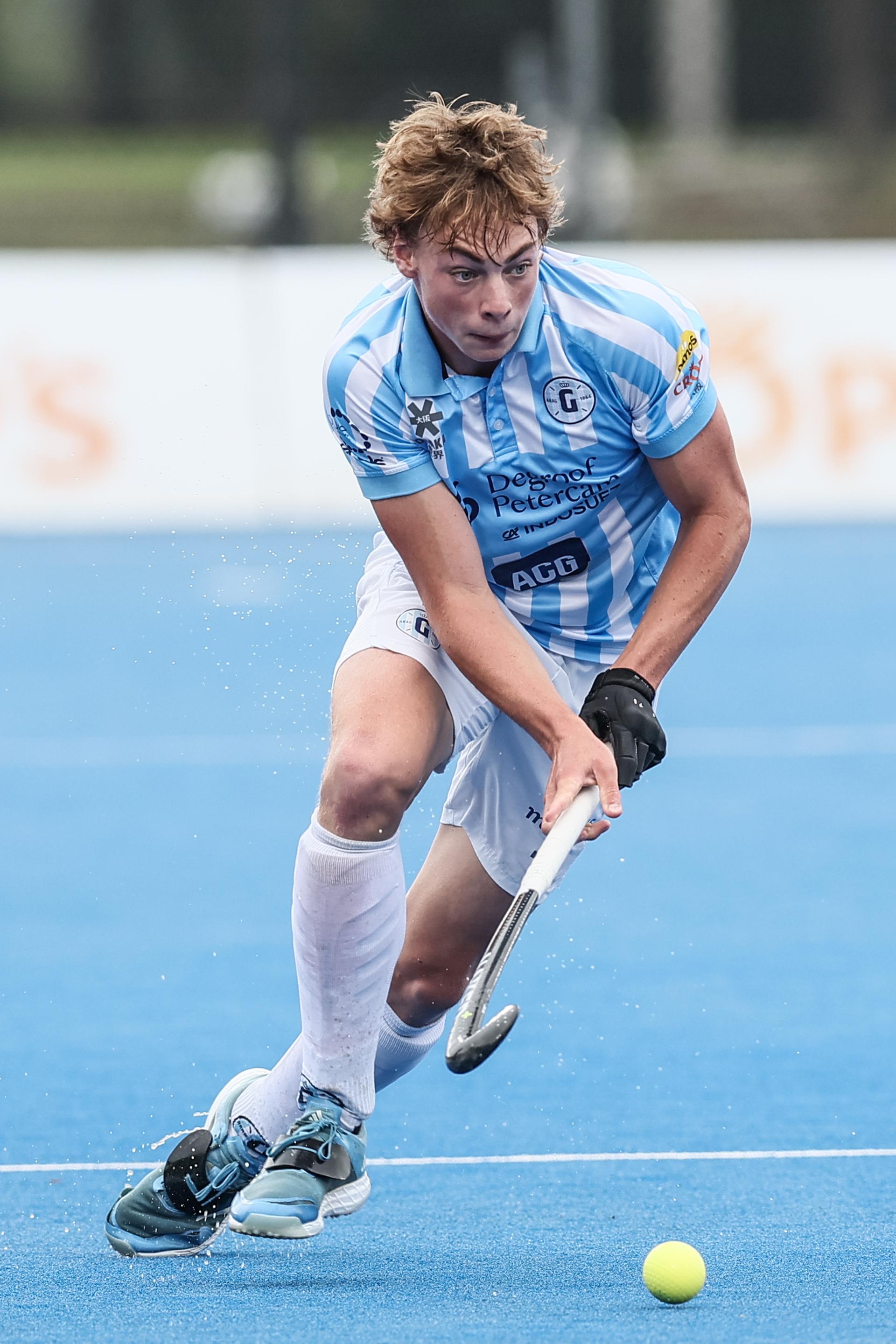 Gantoise's Nathan Rogge pictured in action during a hockey game between Gantoise and Waterloo Ducks, Sunday 14 September 2025 in Gent, on day 3 of the Belgian Men Hockey League season 2025-2026. BELGA PHOTO BRUNO FAHY