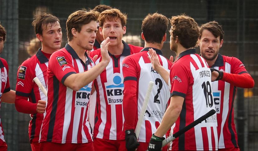 Leopold's Tom Boon celebrates after scoring during a hockey game between Royal Racing Club and Leopold, Sunday 02 November 2025 in Brussels, on day 9 of the Belgian first division hockey championship. BELGA PHOTO VIRGINIE LEFOUR