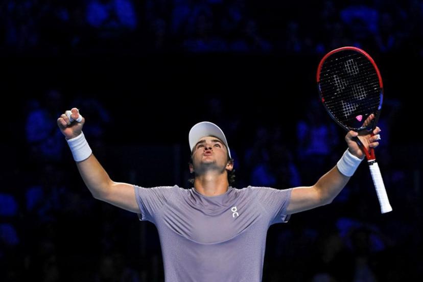 Brazil's Joao Fonseca celebrates after winning his men's semi final match against Spain's Jaume Munar at the Swiss Indoors ATP 500 tennis tournament in Basel on October 25, 2025.  Fabrice COFFRINI / AFP