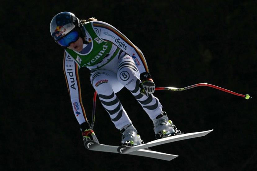 Germany's Emma Aicher competes in the women's downhill race, part of the FIS Alpine Ski World Cup 2025-2026 in Soldeu, Andorra on February 26, 2026.  Lionel BONAVENTURE / AFP