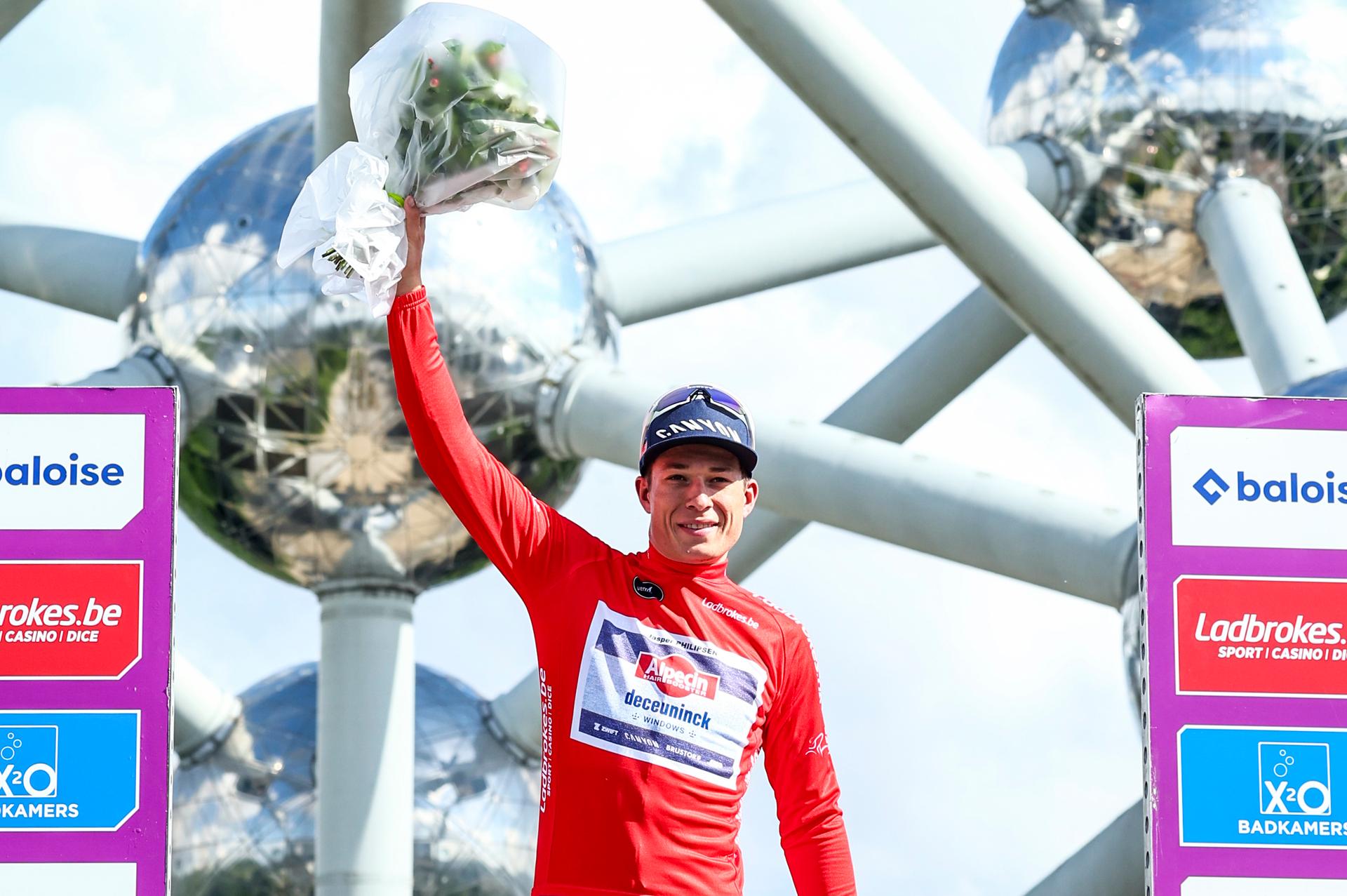Belgian Jasper Philipsen of Alpecin-Deceuninck pictured on the podium after the final stage of the Baloise Belgium Tour cycling race, 185,9km with start and finish in Brussels, on Sunday 16 June 2024. BELGA PHOTO DAVID PINTENS