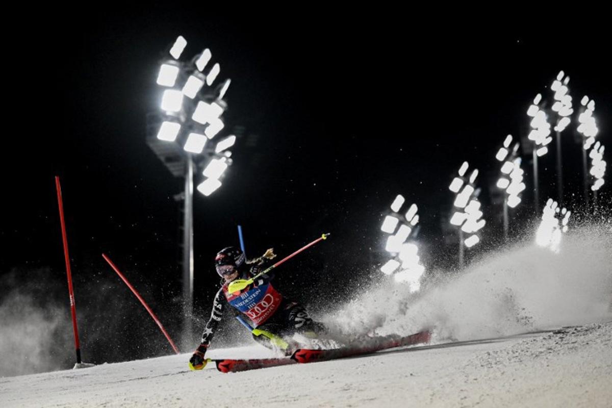 USA's Mikaela Shiffrin competes in the first run of the FIS Alpine Skiing women's World Cup 2025-2026 slalom in Courchevel, French Alps, on December 16, 2025.  Jeff PACHOUD / AFP