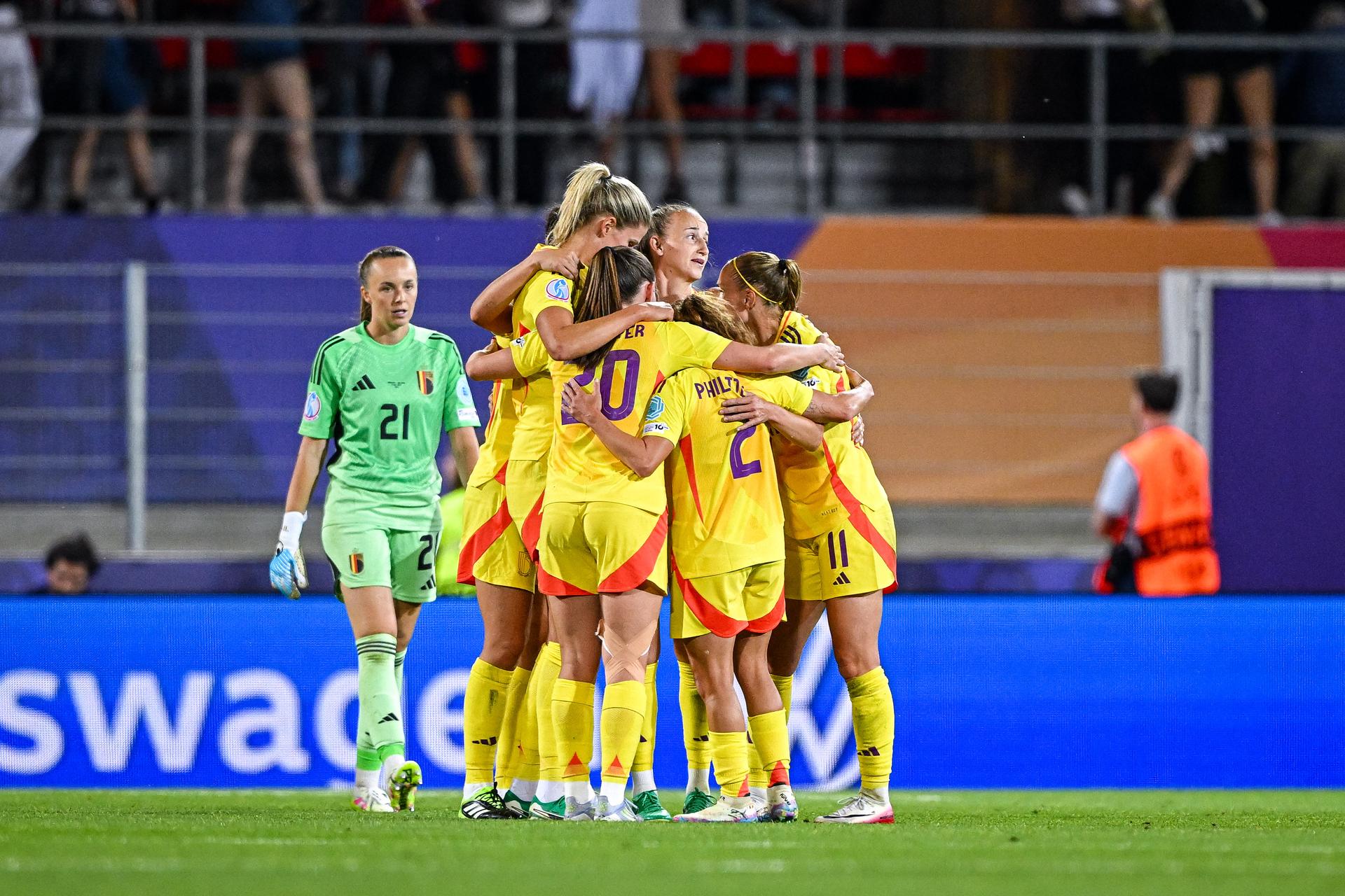 Marie DETRUYER of Belgium, Sari KEES of Belgium, Justine VANHAEVERMAET of Belgium, Davina PHILTJENS of Belgium celebrate after the women's UEFA Euro 2025 match between Portugal and Belgium at Stade de Tourbillon on July 11, 2025 in Sion, Switzerland. (Photo by Baptiste Fernandez/Icon Sport) BENELUX ONLY