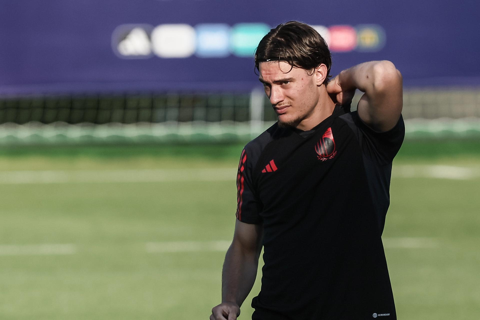 Belgium's Anthony Descotte pictured during a training session of the Belgian U21 national soccer team at the UEFA Under21 European Championships, in Tbilisi, Georgia, Monday 26 June 2023. The UEFA Under21 European Championships take place from 21 June to 08 July in Georgia and Romania. BELGA PHOTO BRUNO FAHY