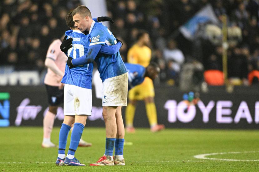 Genk's Konstantinos Kos Karetsas and Genk's Daan Heymans celebrate after winning a soccer game between Belgian soccer team KRC Genk and Swedish team Malmo FF, in Genk, on Thursday 29 January 2026, on day eight of the League phase of the UEFA Europa League tournament. BELGA PHOTO JILL DELSAUX