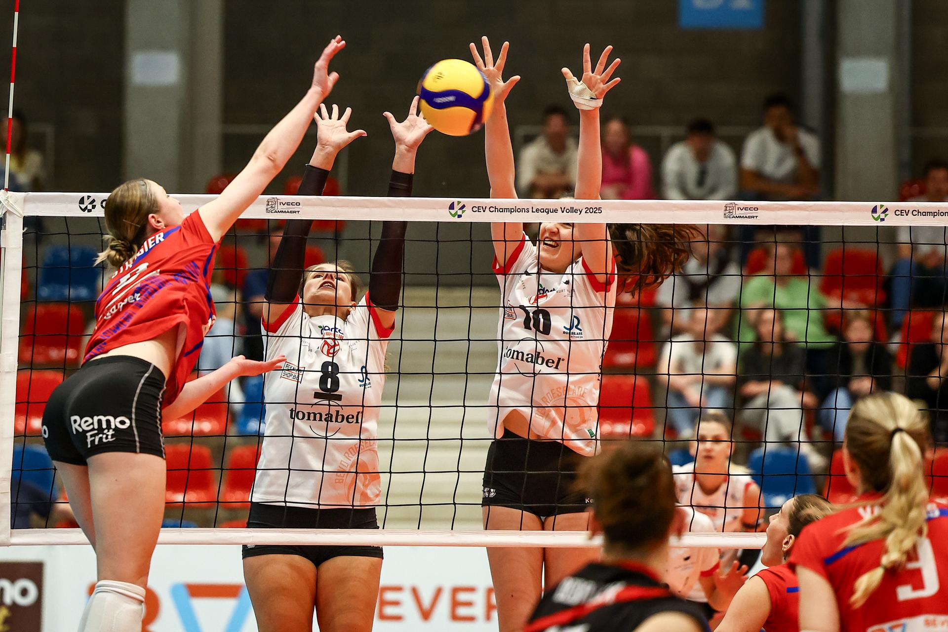 Asterix's Manon Stragier pictured in action during the match between Asterix AVO Beveren and Darta Bevo Roeselare, a Play-off Final (2nd game, best-of-3) game in the Lotto Volley League women, Sunday 27 April 2025 in Beveren. BELGA PHOTO DAVID PINTENS