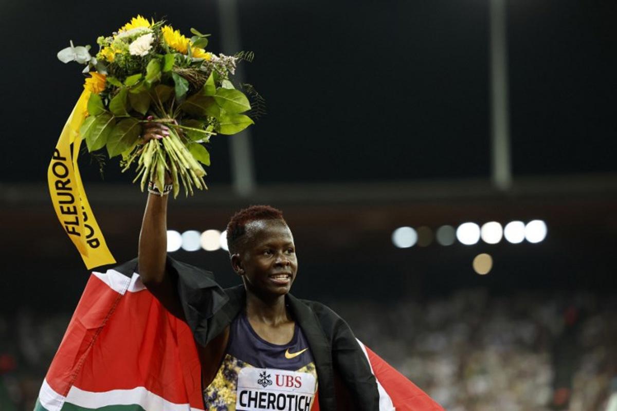 Kenya's Faith Cherotich celebrates after winning the women's 3000m steeplechase during the IAAF Diamond League athletics meeting, at the Letzigrund Stadium, in Zurich on August 27, 2026.  Stefan Wermuth / AFP