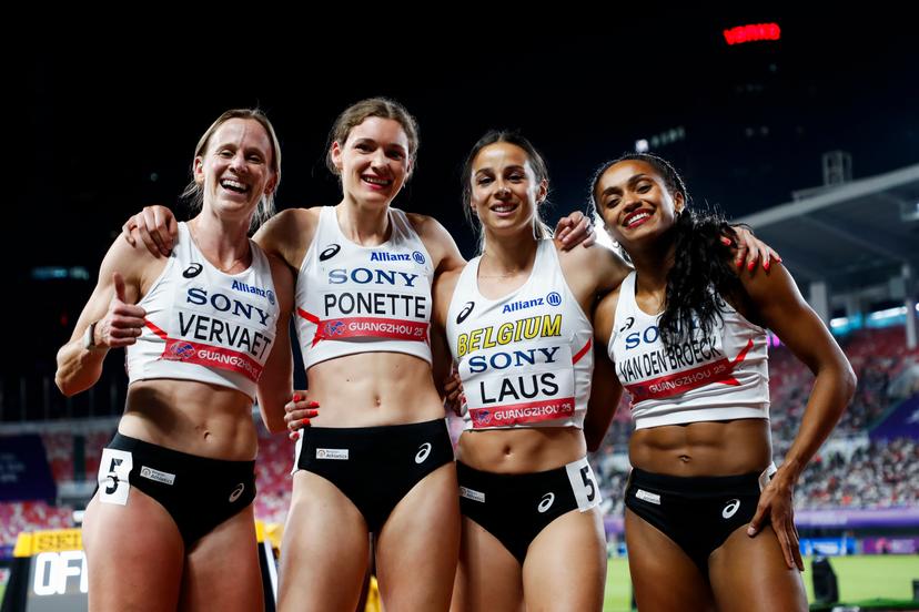 Belgian Helena Ponette, Camille Laus, Mike Vervaet and Naomi Van Den Broeck posing for the photographer after the women 4x400m relay race, at the world relay championships, on Saturday 10 May 2025 in Guangzhou, China. The world relay championships in Guangzhou take place from 10 to 11 May. BELGA PHOTO NIKOLA KRSTIC