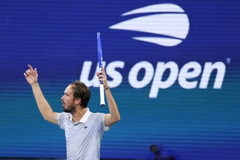 Russia's Daniil Medvedev gestures after winning the third set of his men's singles first round tennis match against France's Benjamin Bonzi on day one of the US Open tennis tournament at the USTA Billie Jean King National Tennis Center in New York City, on August 24, 2025.  CHARLY TRIBALLEAU / AFP