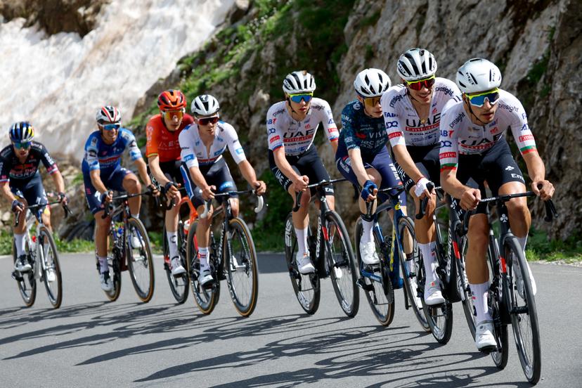 Slovenian Primoz Roglic of Red Bull-Bora-Hansgrohe, Spanish Mikel Landa of Soudal Quick-Step, Spanish Carlos Rodriguez of Ineos Grenadiers, Belgian Remco Evenepoel of Soudal Quick-Step, Slovenian Tadej Pogacar of UAE Team Emirates, Danish Jonas Vingegaard of Team Visma-Lease a Bike, Spanish Juan Ayuso of UAE Team Emirates and Portuguese Joao Almeida of UAE Team Emirates pictured in action during stage 4 of the 2024 Tour de France cycling race, from Pinerolo, Italy to Valloire, France (139,6 km) on Tuesday 02 July 2024. The 111th edition of the Tour de France starts on Saturday 29 June and will finish in Nice, France on 21 July. BELGA PHOTO POOL JAN DE MEULENEIR