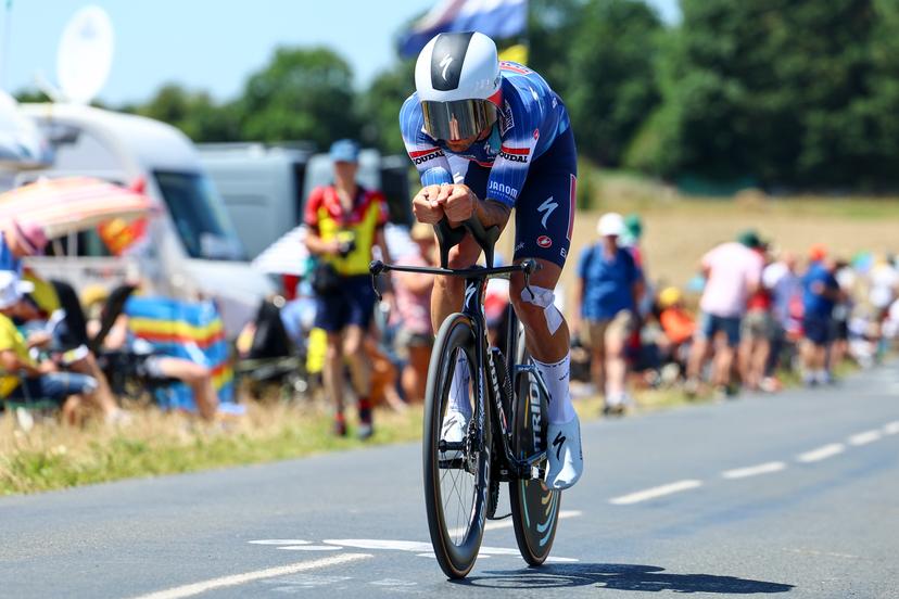 Italian Mattia Cattaneo of Soudal Quick-Step pictured in action during stage five of the 2025 Tour de France cycling, a 33km time trial in Caen, France on Wednesday 09 July 2025. The 112th edition of the Tour de France starts on Saturday 5 July in Lille, France, and will finish in Paris, France on the 27th of July. BELGA PHOTO DAVID PINTENS