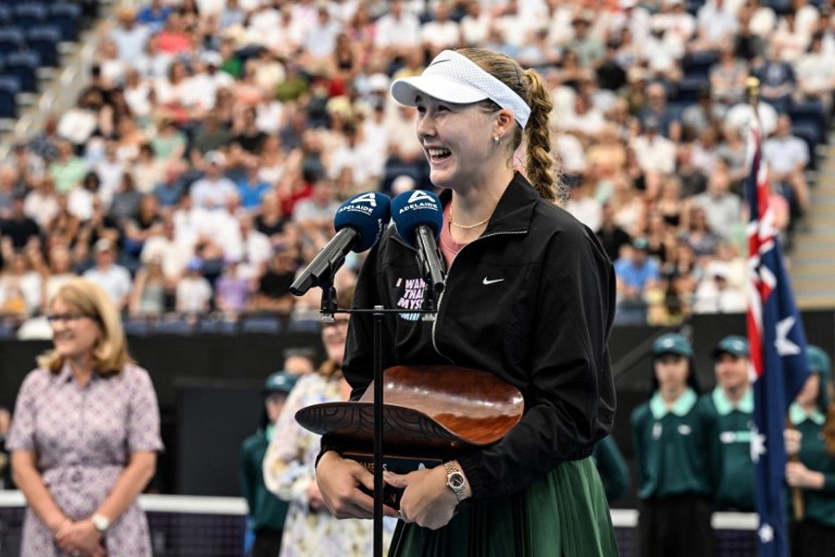 Russia's Mirra Andreeva speaks after her victory against Canada's Victoria Mboko in their women's singles final match at the Adelaide International tennis tournament in Adelaide on January 17, 2026.  Michael ERREY / AFP