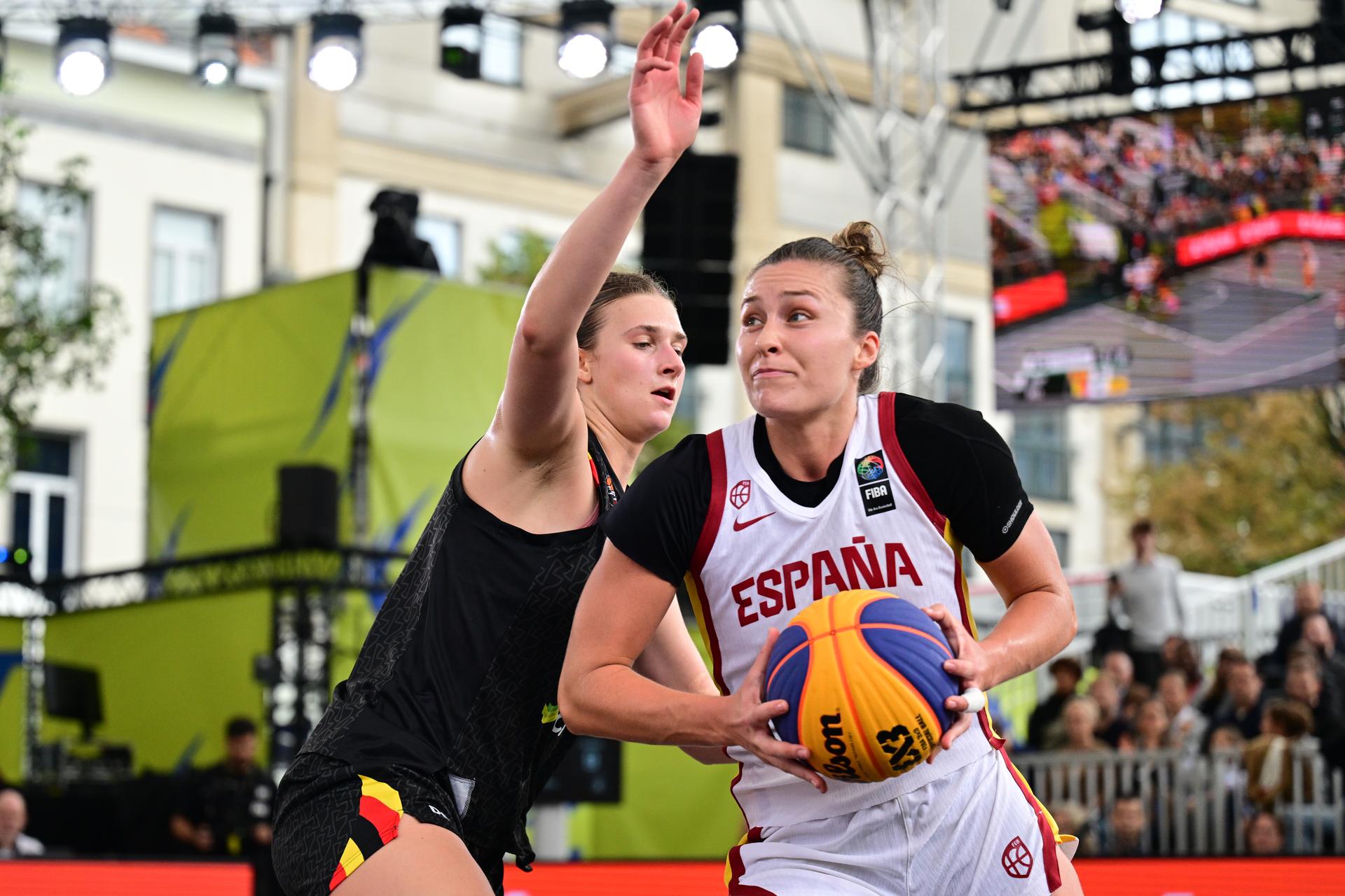 Belgium's Axelle Van Eupen and +pictured during a 3x3 basketball game between Spain and Belgium, a quarter-finals game the women's FIBA 3x3 Europe Cup, on Sunday 13 September 2026 in Antwerp. BELGA PHOTO DIRK WAEM