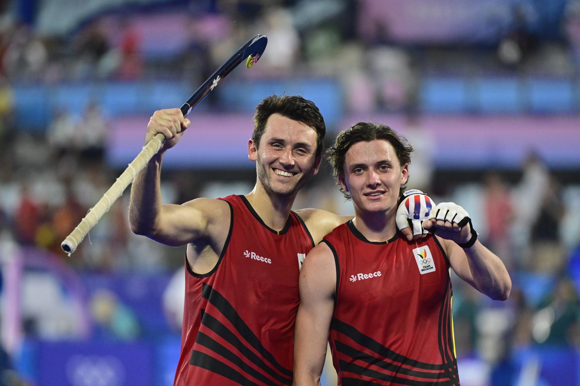 Belgium's Arthur Van Doren and Belgium's Arno Van Dessel celebrate after winning a hockey game between Australia and Belgium's national team the Red Lions, game 3 in the men's pool B at the Paris 2024 Olympic Games, on Tuesday 30 July 2024 in Paris, France. The Games of the XXXIII Olympiad are taking place in Paris from 26 July to 11 August. The Belgian delegation counts 165 athletes competing in 21 sports. BELGA PHOTO DIRK WAEM