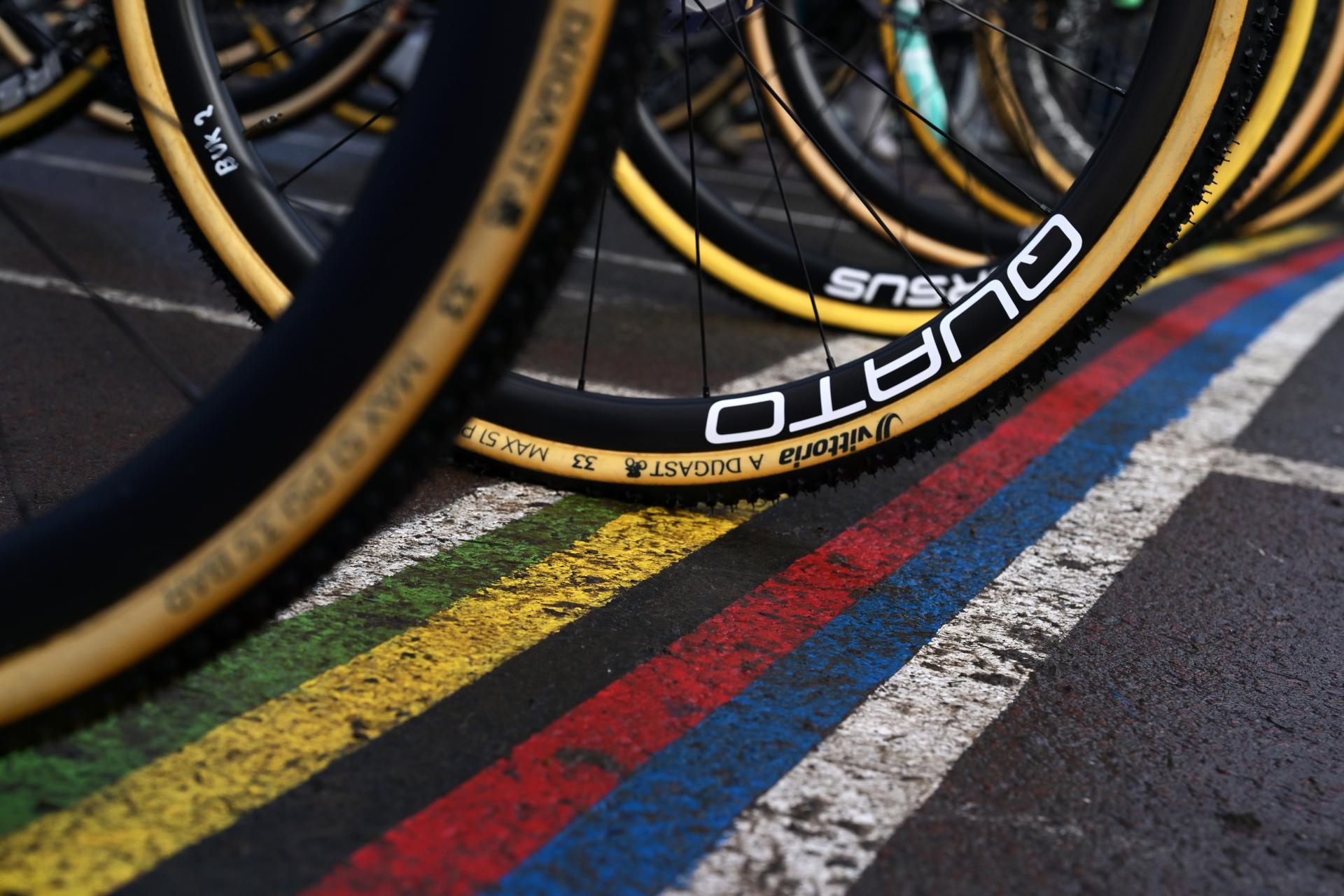 Illustration picture shows bicycle wheel at the start of the junior women race at the UCI Cyclocross World Championships, on Saturday 31 January 2026, in Hulst, The Netherlands. BELGA PHOTO DAVID PINTENS