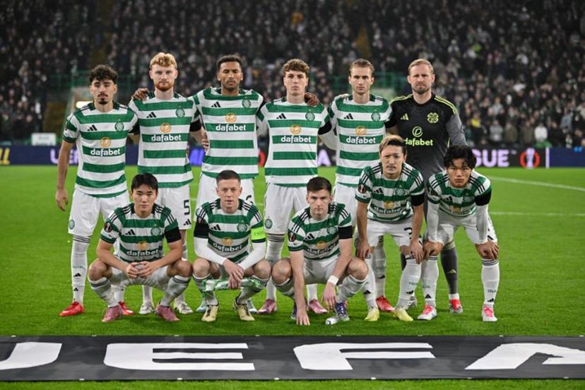 The Celtic starting XI, (L-R top) Celtic's Tunisian striker #23 Sebastian Tounekti, Celtic's Irish defender #05 Liam Scales, Celtic's US defender #06 Auston Trusty, Celtic's Belgian midfielder #27 Arne Engels, Celtic's Swedish midfielder #08 Benjamin Nygren, Celtic's Danish goalkeeper #01 Kasper Schmeichel, (L-R bottom) Celtic's South Korean midfielder #13 Yang Hyun-Jun, Celtic's Scottish midfielder #42 Callum McGregor, Celtic's Scottish defender #63 Kieran Tierney, Celtic's Japanese striker #38 Daizen Maeda and Celtic's Japanese midfielder #41 Reo Hatate pose for the official photograph before kick off of the UEFA Europa League league stage football match between Celtic and Roma at Celtic Park in Glasgow on December 11, 2025.  ANDY BUCHANAN / AFP