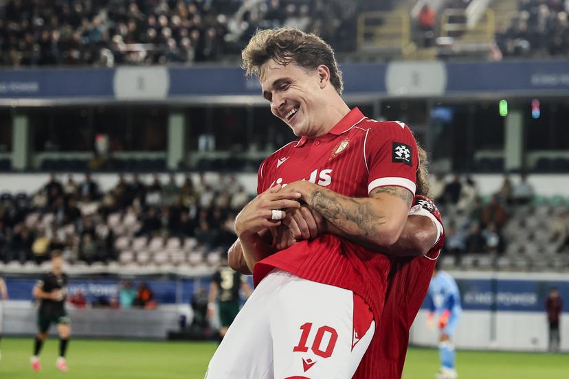 Standard's Dennis Eckert celebrates after scoring during a soccer match between Oud-Heverlee Leuven and Standard de Liège, Saturday 29 August 2026 in Leuven, on day 4 of the 2026-2027 'Jupiler Pro League' first division of the Belgian championship. BELGA PHOTO BRUNO FAHY