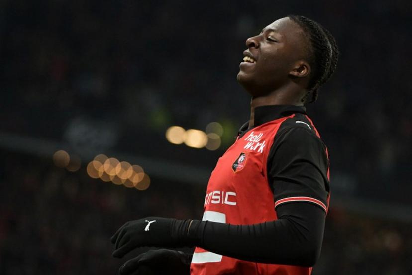 Rennes' French forward #39 Mohamed Kader Meite celebrates his team's third goal during the French L1 football match between Stade Rennais FC and Stade Brestois 29 at the Roazhon Park stadium in Rennes, western France, on December 13, 2025.  DAMIEN MEYER / AFP
