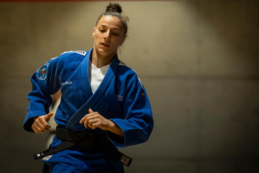 Belgian Mina Libeer pictured during a training session at a training camp of Judo Belgium, ahead of the Judo European Championships in Zagreb (25-28/04), at the Stedelijk Lyceum Topsport, in Wilrijk, Antwerp, Saturday 20 April 2024. BELGA PHOTO DAVID PINTENS