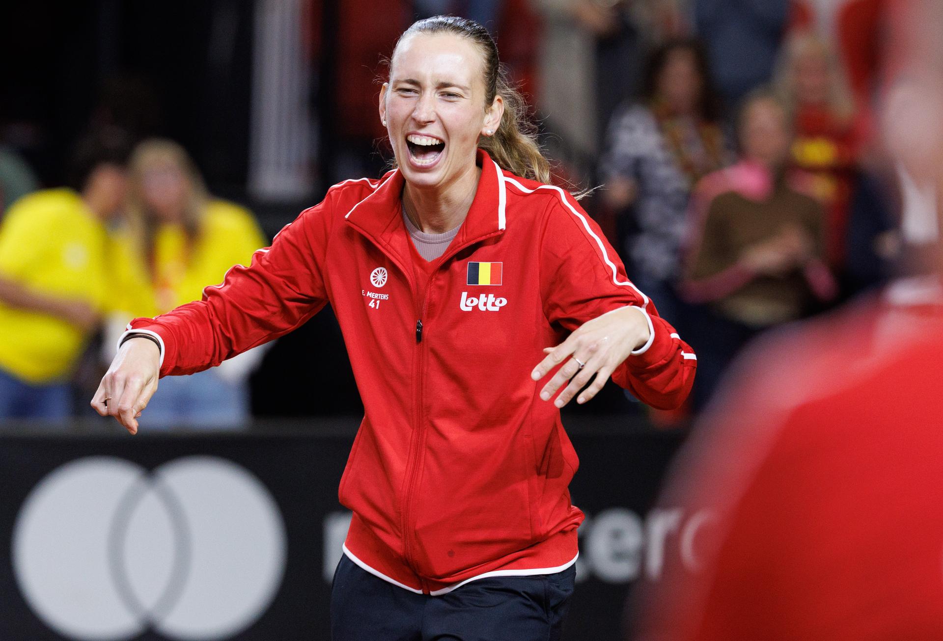 Belgian Elise Mertens celebrates after the fourth game between Belgian Minnen and US' Jovic on the second day of the qualifiers of the Billie Jean King Cup tennis between Belgium and the USA, in Oostende, Belgium, on Saturday 11 April 2026. The meeting takes place on 10 and 11th April. PHOTO BENOIT DOPPAGNE