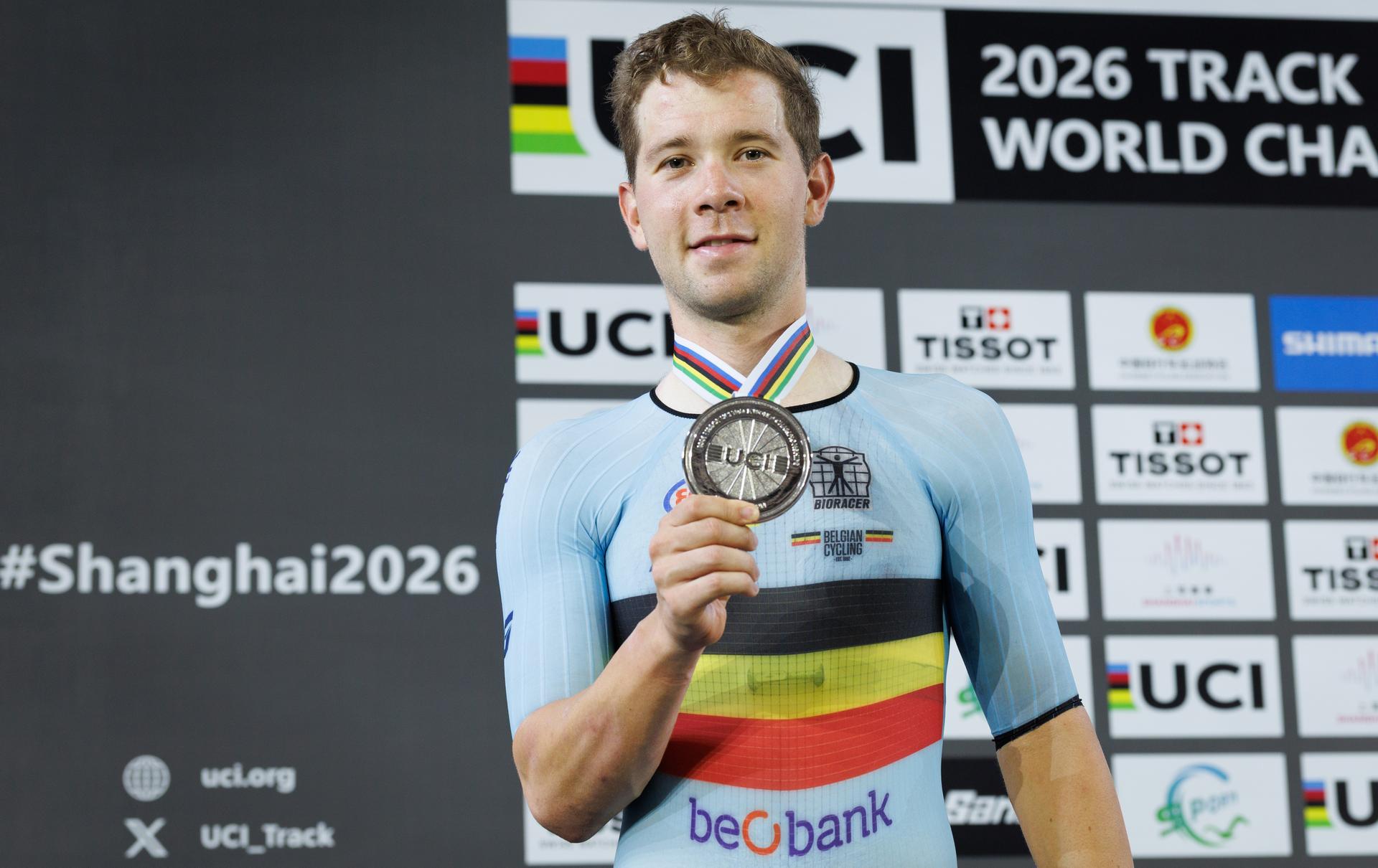 Belgian Fabio Van den Bossche winner of the silver medal pictured on the podium of  the Men's omnium event at the UCI Track Cycling World Championships in Shanghai, China on Saturday 17 October 2026. The worlds are taking place from 14 to 18 October 2026. BELGA PHOTO BENOIT DOPPAGNE