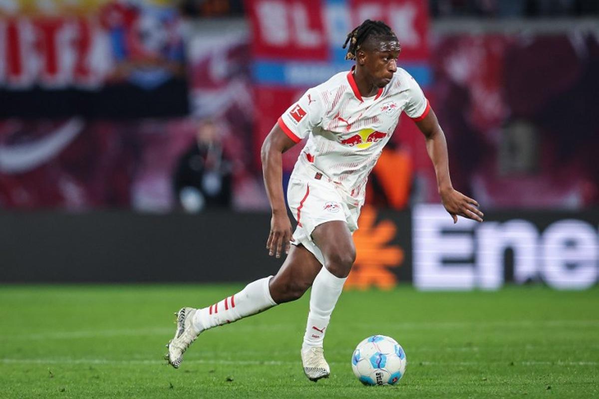 Leipzig's Malian midfielder #08 Amadou Haidara plays the ball during the German first division Bundesliga football match RB Leipzig vs Bayer 04 Leverkusen in Leipzig, eastern Germany on January 25, 2025.   Ronny Hartmann / AFP