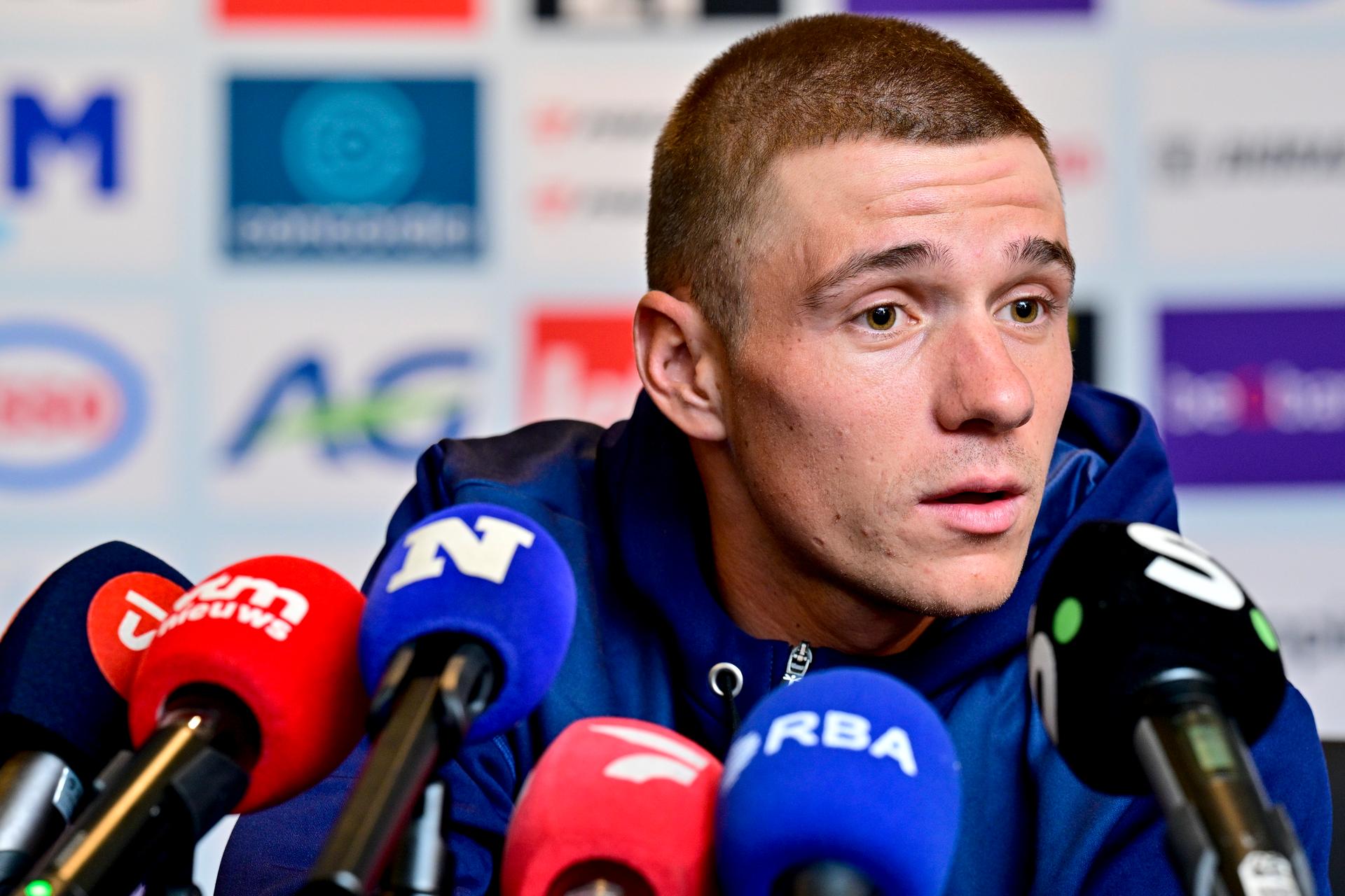 Belgian Remco Evenepoel pictured at press conference during the cycling road world championships, in Kigali, Rwanda, Friday 26 September 2025. The 2025 UCI Road World Championships take place from 21 to 28 September in Kigali, Rwanda. BELGA PHOTO DIRK WAEM