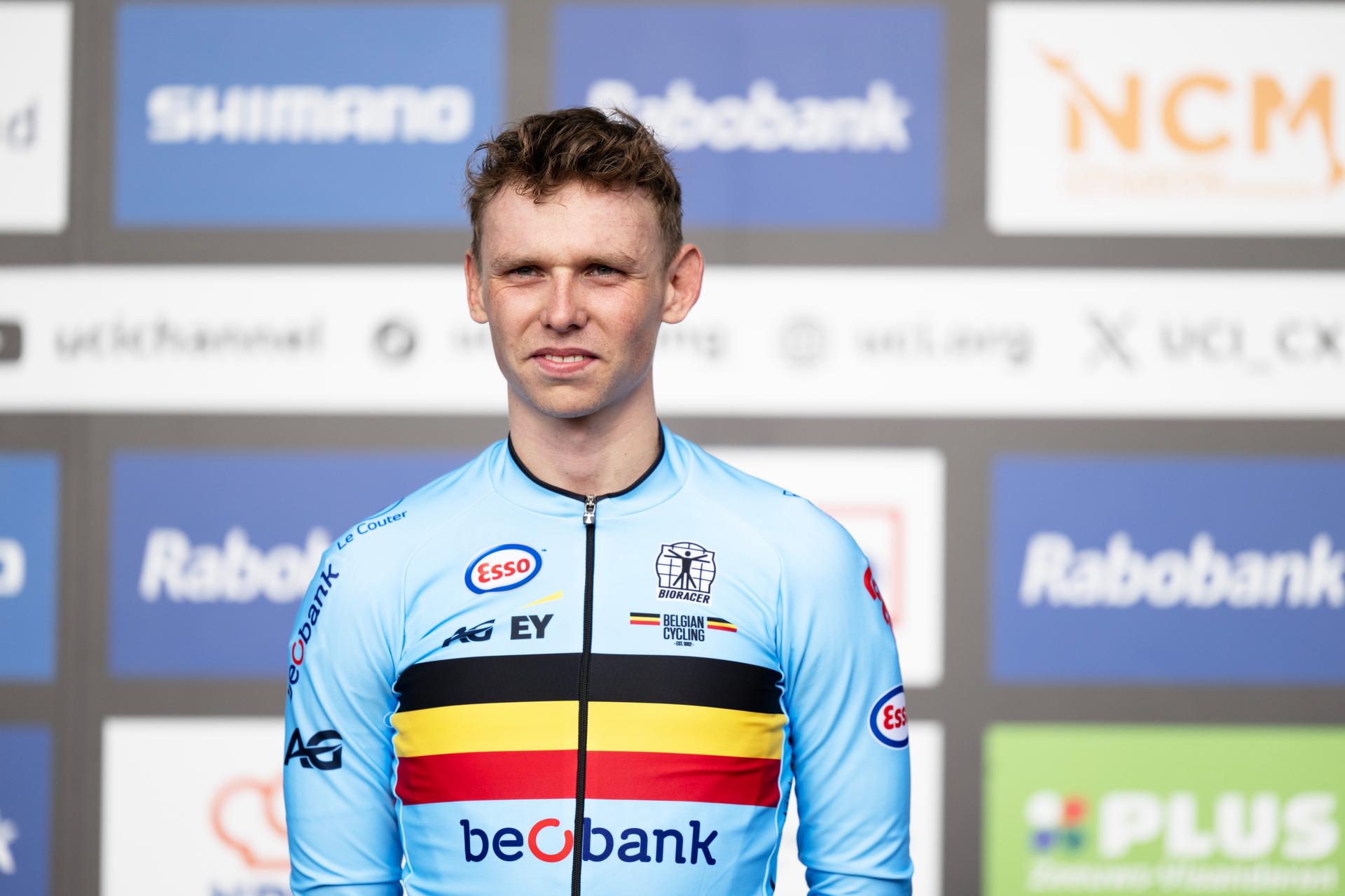Belgian Aaron Dockx celebrates on the podium after winning the U23 men race at the UCI Cyclocross World Championships, on Saturday 31 January 2026, in Hulst, The Netherlands. BELGA PHOTO DAVID PINTENS