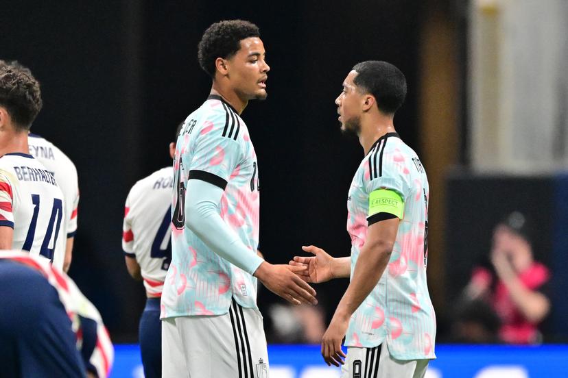 Belgium's Koni De Winter and Belgium's Youri Tielemans pictured after a friendly soccer game between the United States national team and Belgian national soccer team Red Devils in Atlanta, on Saturday 28 March 2026, in preparation for the 2026 World Cup. BELGA PHOTO DIRK WAEM