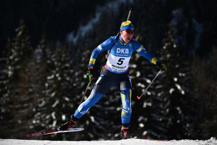 Ukraine's Anastasiya Merkushyna competes during the women's 12.5km short individual event of the IBU Biathlon World Cup in Antholz-Anterselva, Italy, on January 19, 2024.  Marco BERTORELLO / AFP