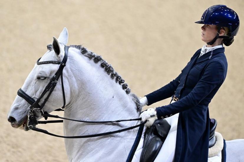 Belgium's Alexa Fairchild is pictured with the horse Mala Skala's Hermes during the FEI Dressage World Cup Grand Prix at the Gothenburg Horse Show at the Scandinavium Arena in Gothenburg, Sweden, on February 21, 2025.   Bjorn LARSSON ROSVALL / TT NEWS AGENCY / AFP