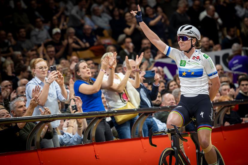 Belgian Lotte Kopecky pictured during day four of the Zesdaagse Vlaanderen-Gent six-day indoor track cycling event at the indoor cycling arena 't Kuipke, Friday 15 November 2024, in Gent. BELGA PHOTO DAVID PINTENS