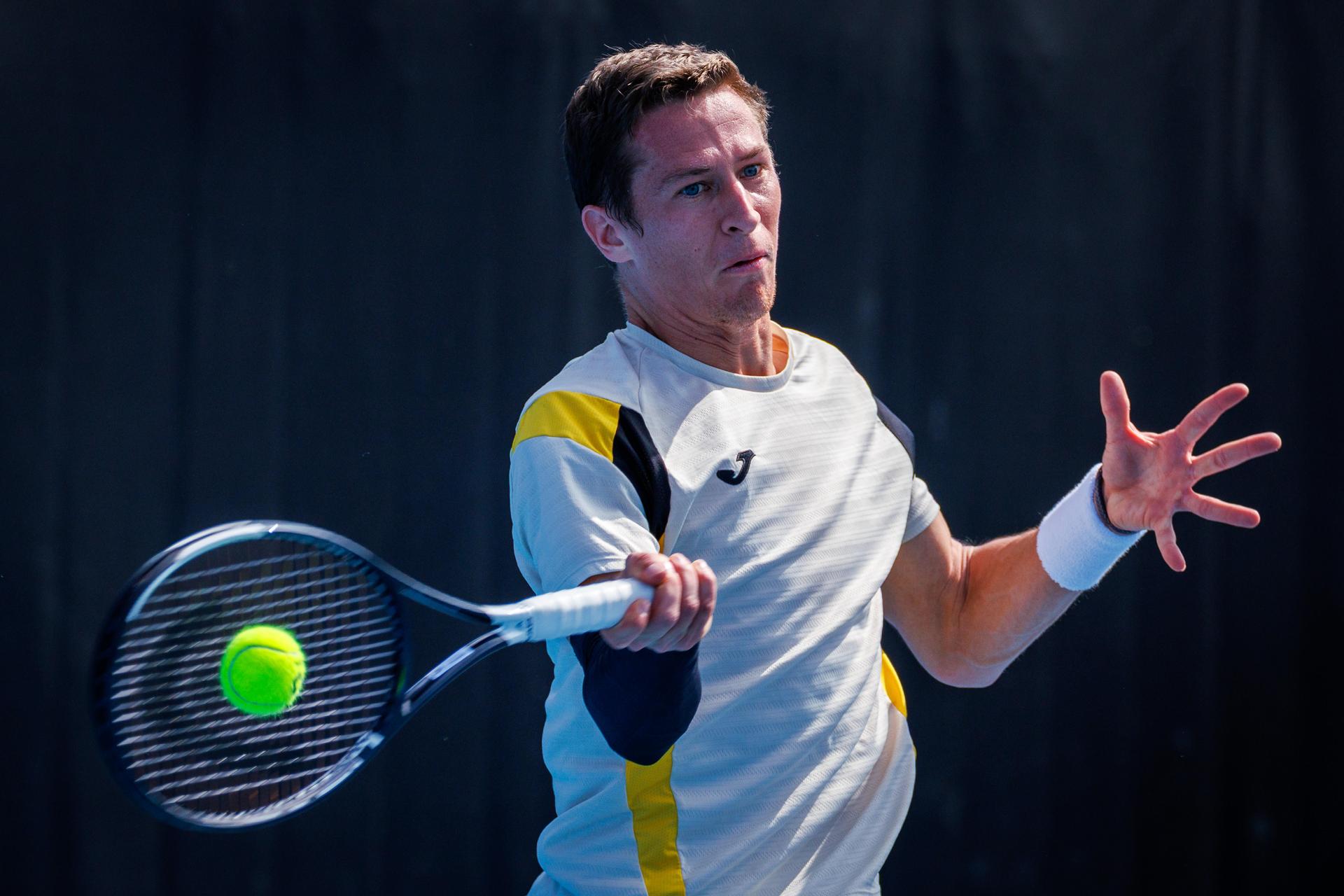 Belgium's Kimmer Coppejans pictured in action during a third round qualifying match in the men's singles against USA's Svajda at the Australian Open, Melbourne Park, Melbourne on Thursday 15 January 2026. BELGA PHOTO PATRICK HAMILTON --- BENELUX ONLY ---