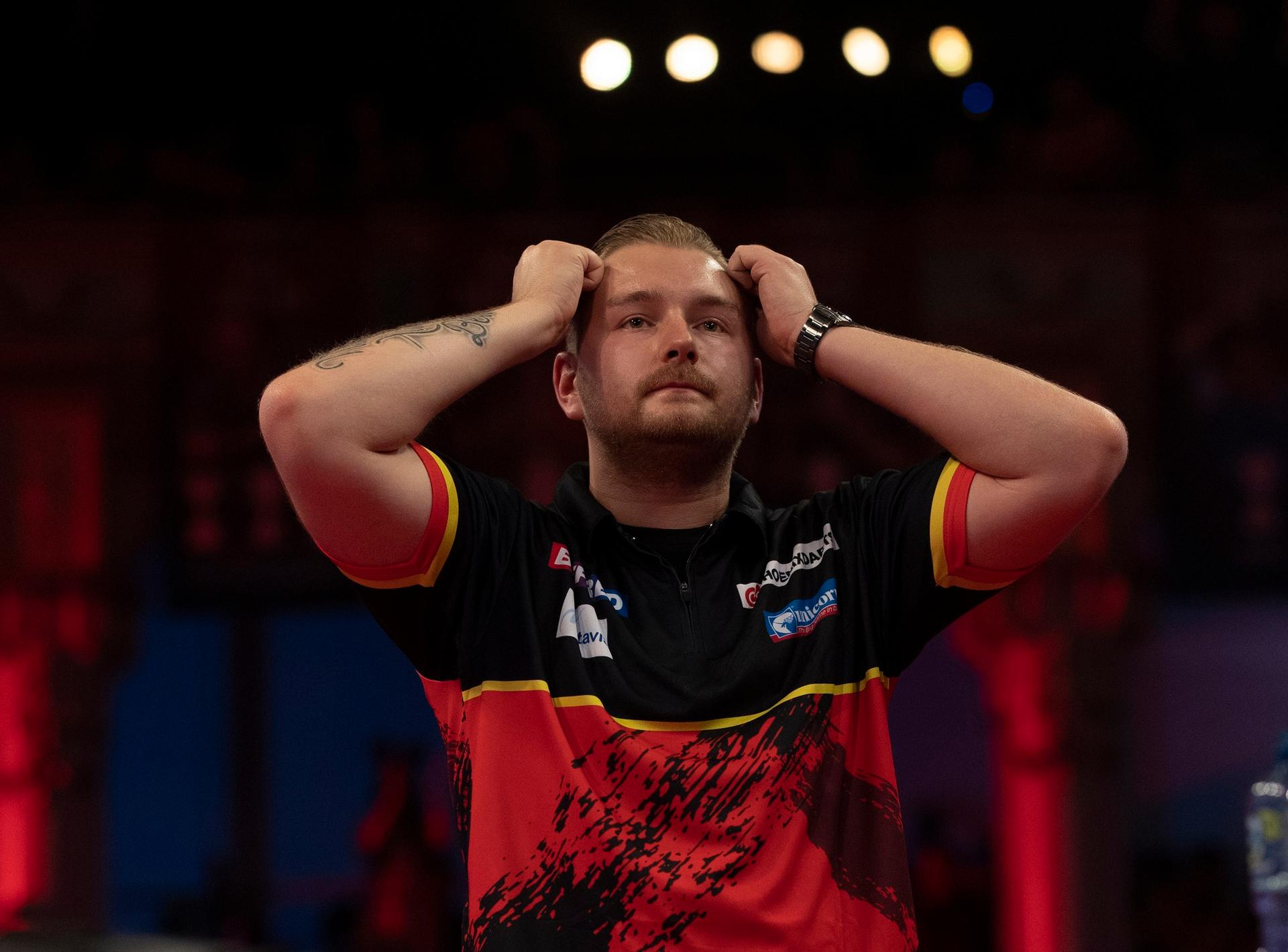 ATTENTION EDITORS - HAND OUT PICTURES - EDITORIAL USE WITH STORY ON DARTS WORLD MATCHPLAY ONLY - MANDATORY CREDIT LAWRENCE LUSTIG/PDC Hand out pictures released on Sunday 25 July 2021, by PDC Professional Darts Corporation shows Belgian Dimitri Van den Bergh celebrates after winning the game between Belgian Dimitri Van den Bergh and Polish Krzysztof Ratajski, in the semi-final of the Betfred World Matchplay, in Blackpool, UK. MANDATORY CREDIT LAWRENCE LUSTIG/PDC