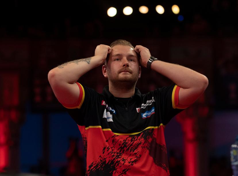 ATTENTION EDITORS - HAND OUT PICTURES - EDITORIAL USE WITH STORY ON DARTS WORLD MATCHPLAY ONLY - MANDATORY CREDIT LAWRENCE LUSTIG/PDC Hand out pictures released on Sunday 25 July 2021, by PDC Professional Darts Corporation shows Belgian Dimitri Van den Bergh celebrates after winning the game between Belgian Dimitri Van den Bergh and Polish Krzysztof Ratajski, in the semi-final of the Betfred World Matchplay, in Blackpool, UK. MANDATORY CREDIT LAWRENCE LUSTIG/PDC