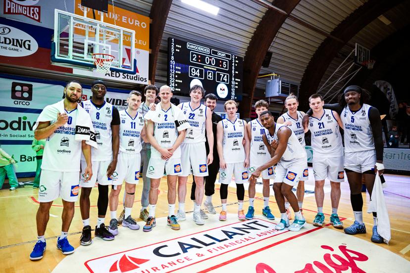 Mechelen's players celebrate after winning a basketball match between Kangoeroes Basket Mechelen and Okapi Aalst, Saturday 04 April 2026 in Mechelen, on day 27 (out of 34) of the 2025-2026 'BNXT League' Belgian/ Dutch first division basket championship. BELGA PHOTO TOM GOYVAERTS