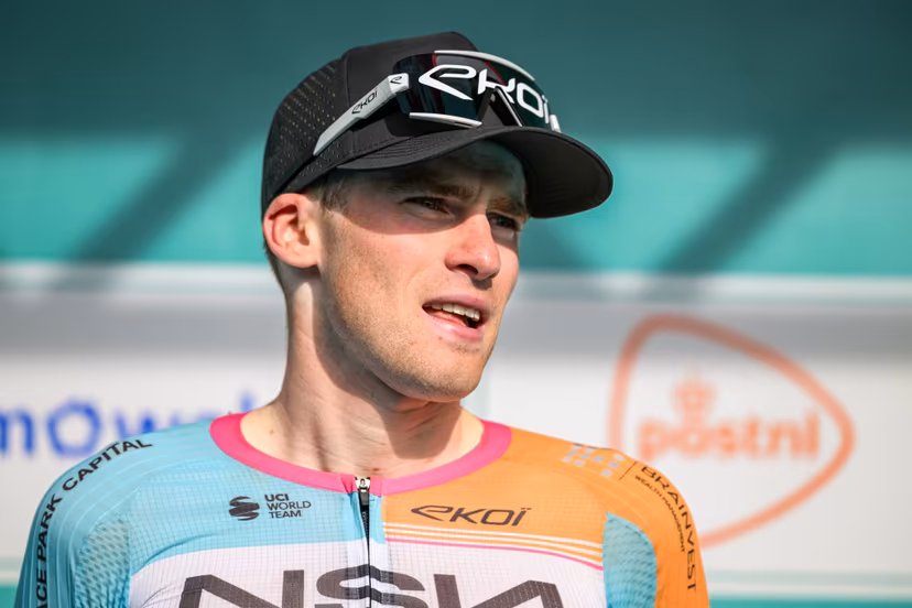 Belgian Floris Van Tricht of NSN Cycling Team pictured on the podium after the 'Ronde Van Limburg' one day cycling race, from Hasselt to Tongeren-Borgloon (178,4 km) on Wednesday 15 April 2026. BELGA PHOTO DAVID PINTENS