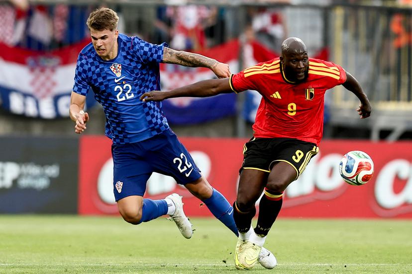 Croatia's Luka Vuskovic and Belgium's Romelu Lukaku pictured during a friendly soccer game between Croatia and Belgian national soccer team Red Devils, in Rijeka, Croatia, on Tuesday 02 June 2026, part of the preparations for the 2026 FIFA World Cup. BELGA PHOTO BRUNO FAHY
